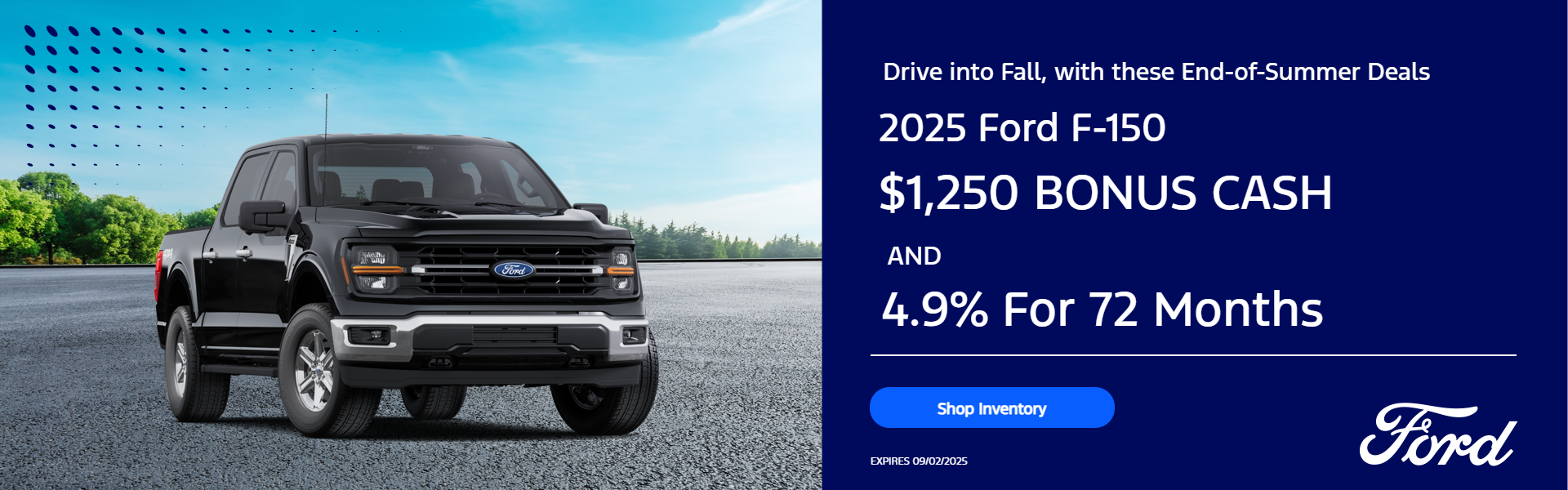 Black F-150 on sunny background with trees